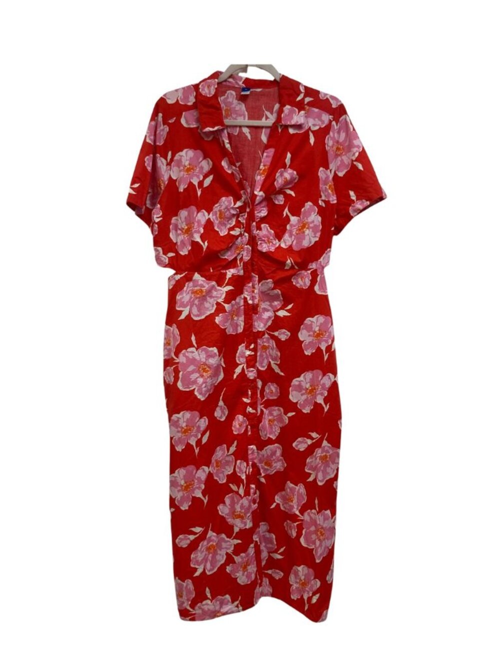 Old Navy Red Dress with Pink Flowers Summer Dress 100% Cotton Size XL